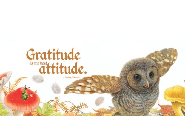 An owl with spread wings perched among autumn leaves and mushrooms expressing gratitude attitude