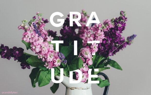 A beautiful bouquet of colorful gratitude flowers in a white vase on a gray background