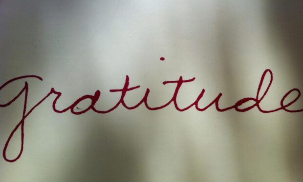 Red cursive gratitude text written on a white flat surface with shadows