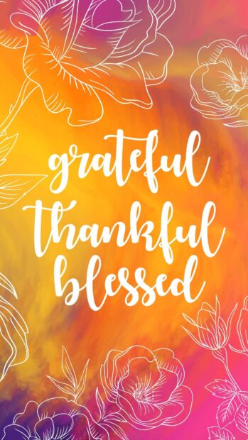 Grateful thankful blessed text with flower outlines on colorful gradient background