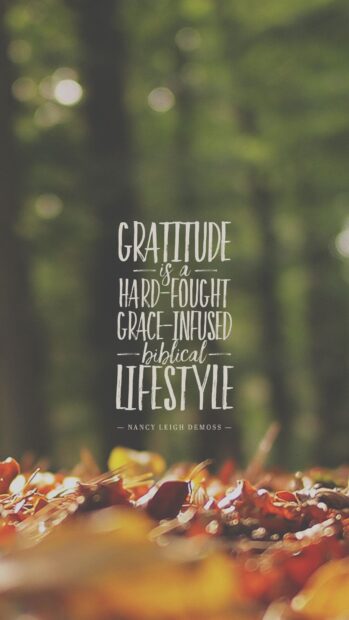 A biblical lifestyle quote about gratitude in a forest setting with autumn leaves in focus
