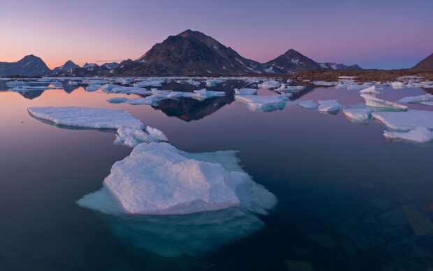 Floating icebergs in Greenland landscape during sunset with mountain reflection