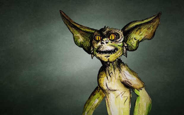 A detailed drawing of a gremlin with large ears and yellow eyes on a dark background