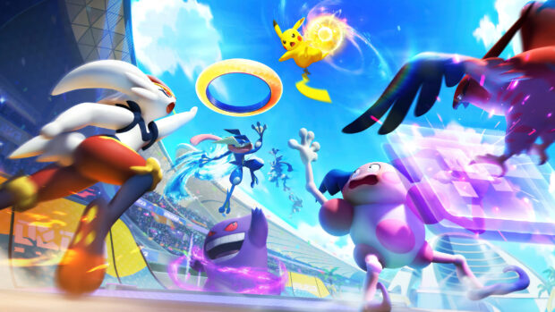 Greninja fighting alongside other Pok&eacute;mon in an intense battle scene at a stadium under a bright blue sky