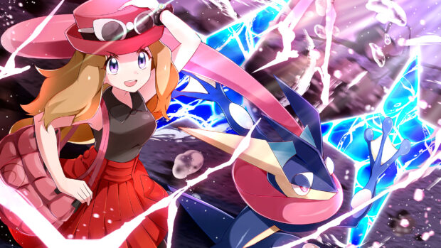 The female trainer posing with Greninja in a dynamic battle scene with glowing effects