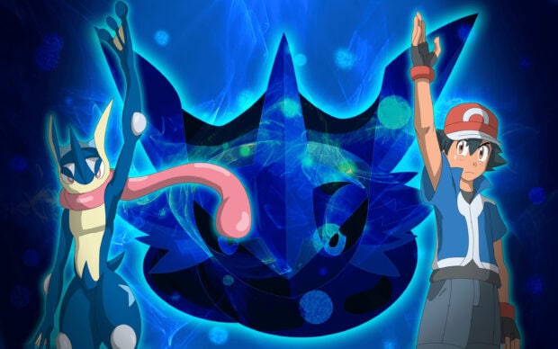 Greninja character raising hand with a trainer against a glowing blue background