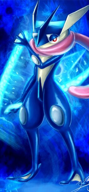 Greninja character using water shuriken attack in a vibrant blue background