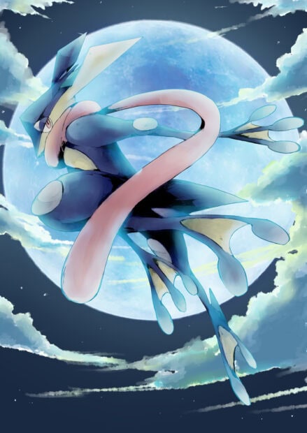 Greninja agile pose with a long tongue wrapping around under a full moon