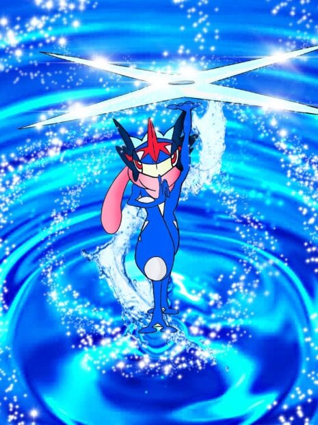 Greninja performing a water shuriken attack surrounded by sparkling water effects
