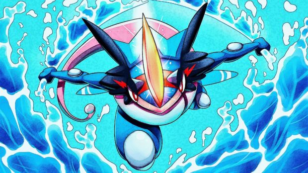 Blue Greninja character surrounded by swirling water in dynamic action pose