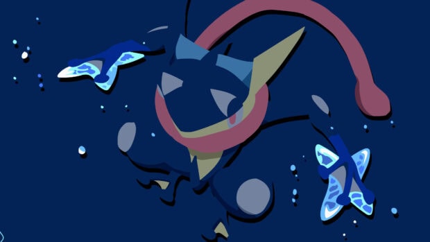 Greninja character positioned mid air with blue shuriken stars in a dark background
