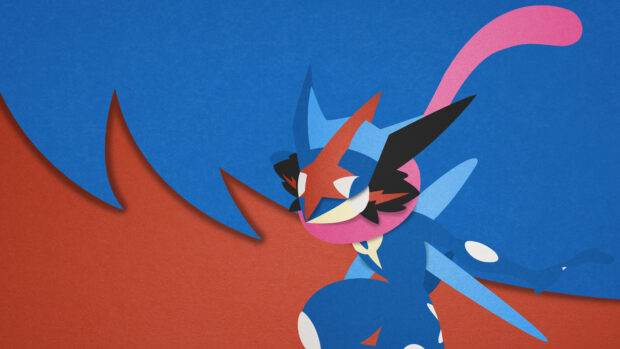 Greninja character striking a dynamic pose with blue and red background shapes