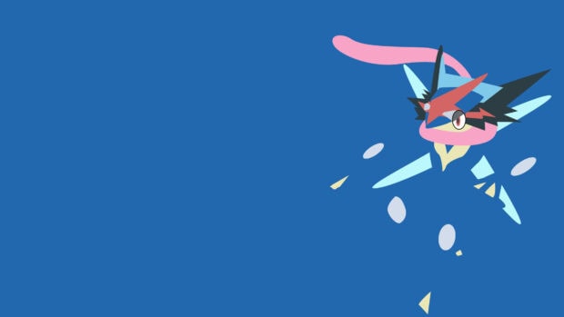 Minimalist art of Greninja character in action pose on blue background