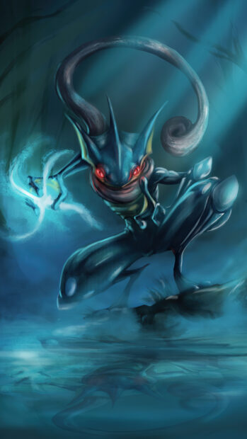 Greninja character with glowing red eyes casting water energy in a dark mystical environment