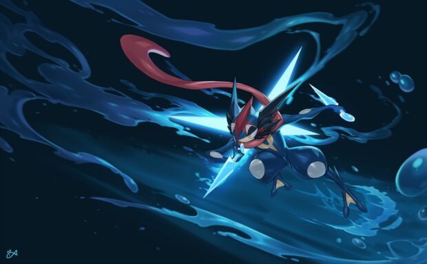 A Greninja character surrounded by blue water effects and glowing shurikens in action