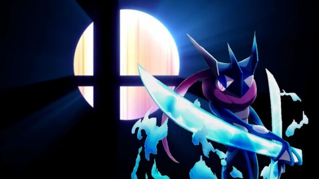 Greninja holding a glowing sword with water effects in front of a bright circular window