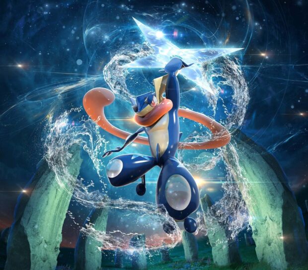 Greninja performing a water shuriken attack in a mystical stone circle environment