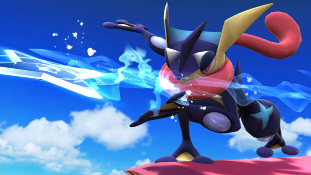 Greninja using water shuriken attack in a dynamic pose against a clear blue sky