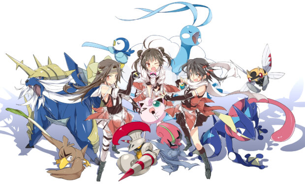 Three anime trainers posing with various Pokemon including Greninja and others in a dynamic scene