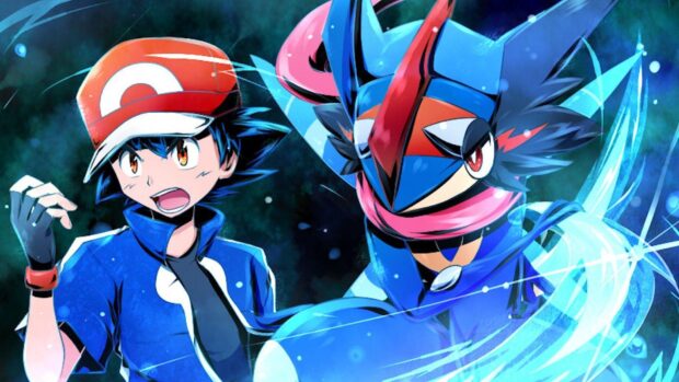 Ash Ketchum with Greninja performing a water attack in vibrant blue hues