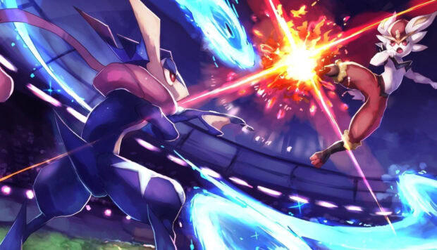 Greninja battling an opponent with water and fire attacks in an intense stadium fight
