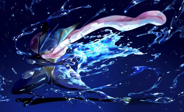 Greninja character creating a powerful water shuriken attack in a dynamic action pose