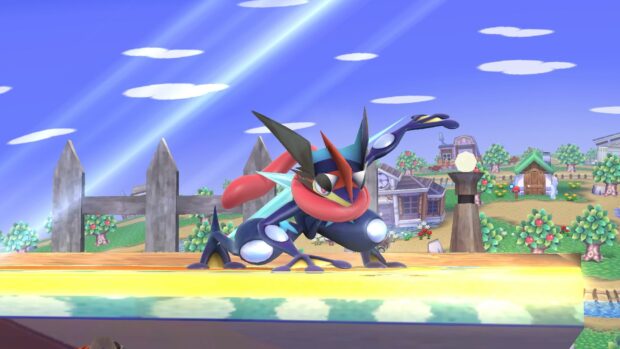 Greninja character in a dynamic pose on a bright stage with a village background