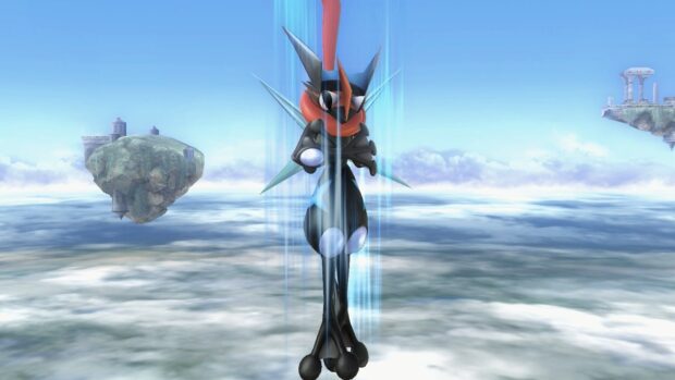 Greninja character standing with energy beams above the clouds in a fantasy sky environment