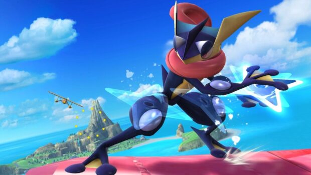 Greninja character striking a pose with star shaped energy effects on a scenic island background