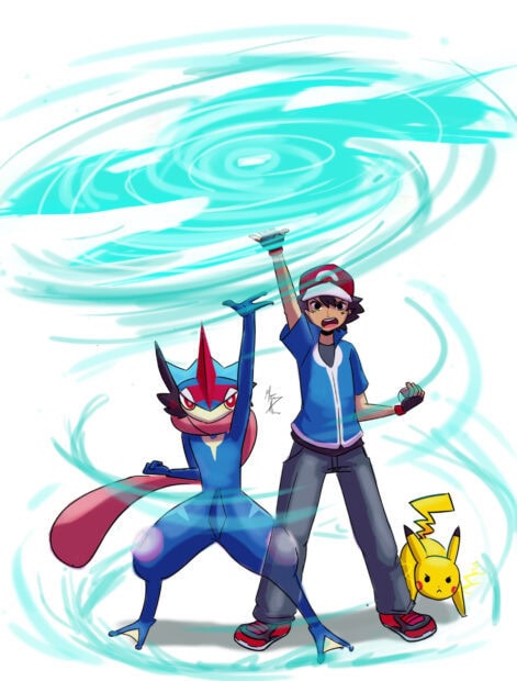 Ash and Greninja preparing a special water move with Pikachu standing nearby