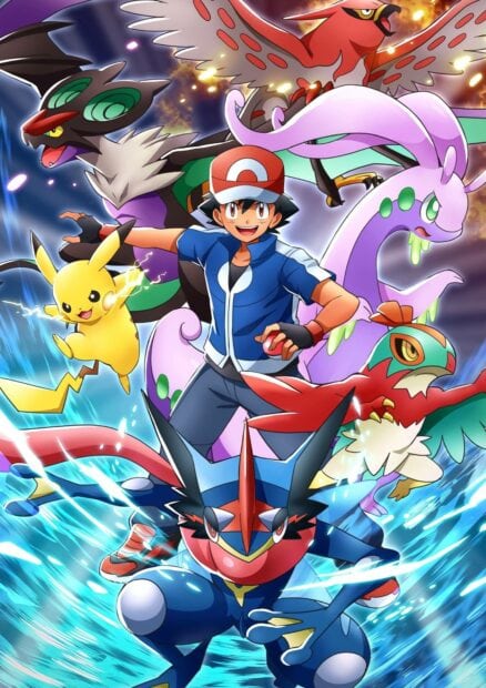 Ash Ketchum and Greninja with other Pok&eacute;mon in an action pose