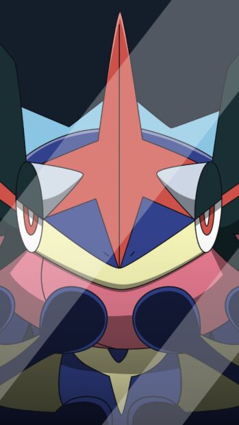 Close up of Greninja character with intense eyes and red star on head viewed through glass reflections