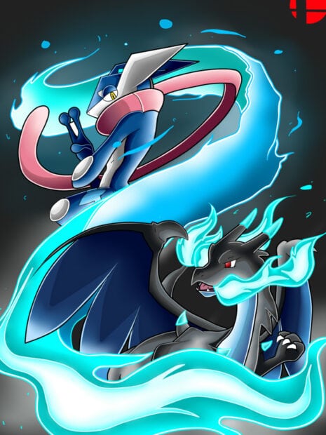 Dark fierce Greninja and Charizard surrounded by blue flames in action pose