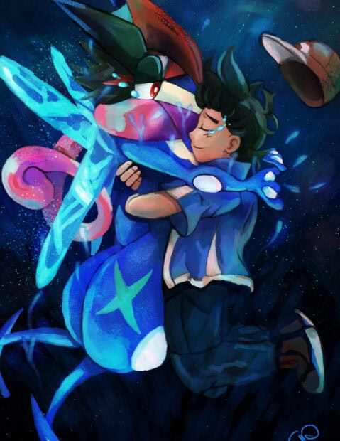 A young trainer hugging his Greninja underwater in a heartfelt moment