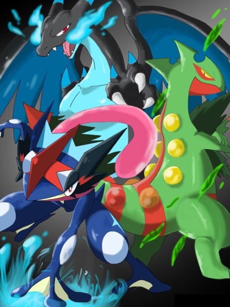 Dynamic Greninja surrounded by powerful Pok&eacute;mon in an action packed scene