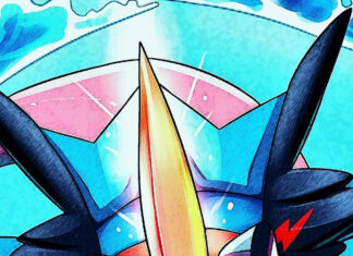 Fierce Greninja character swimming through water with sharp eyes and vibrant colors