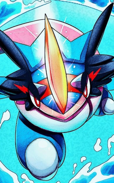 Fierce Greninja character swimming through water with sharp eyes and vibrant colors
