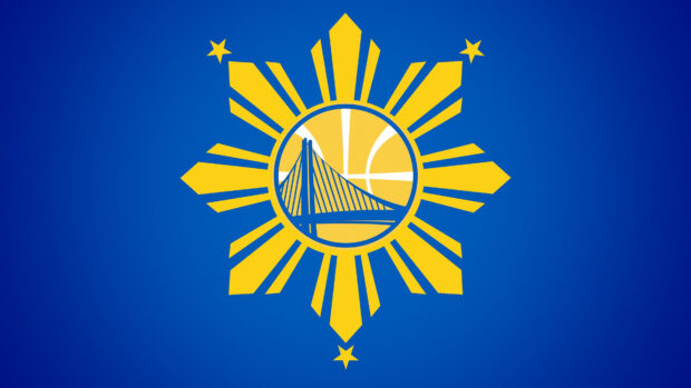 Golden sunburst with a basketball and bridge representing Gsw on a blue background