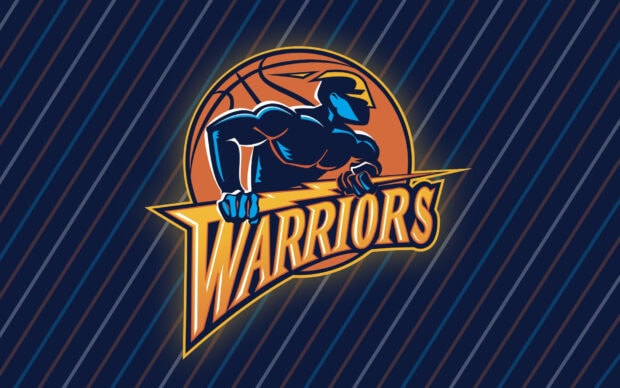 A muscular warrior holding a spear in front of a basketball on a striped dark background