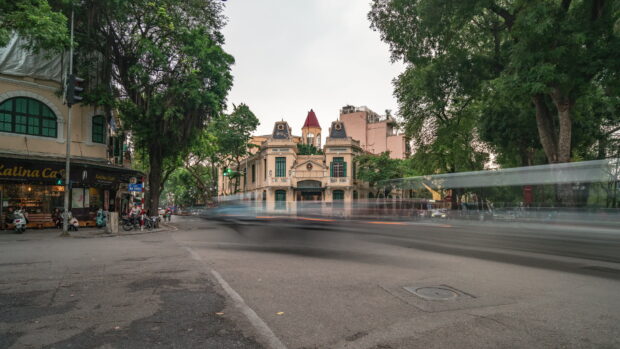 Hanoi streets with historic architecture and trees in the city center