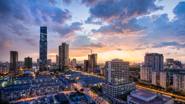 Hanoi city skyline with modern skyscrapers and evening skies at sunset