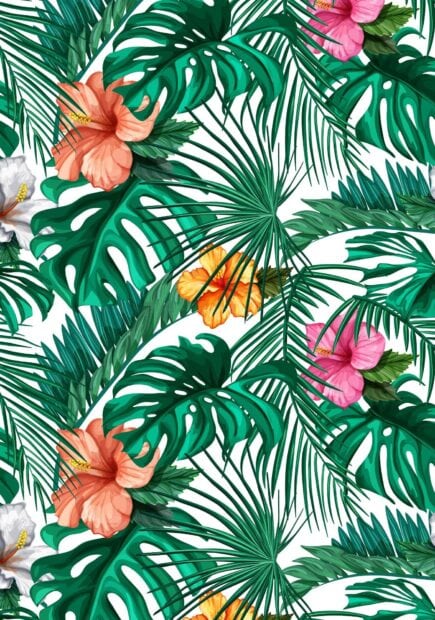 Tropical flower and green leaves pattern with hibiscus elements