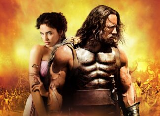 Hercules strong warrior standing with a woman behind him in an ancient battle scene