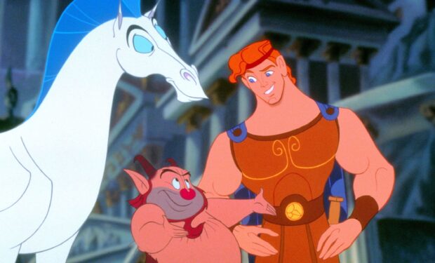 Hercules talking with a satyr and a white horse in a classical Greek setting