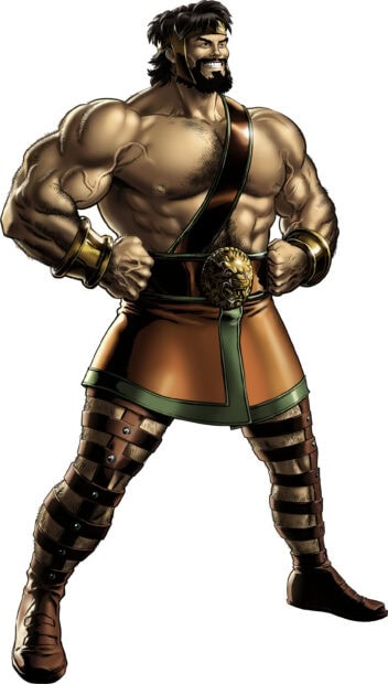Muscular Hercules wearing ancient armor and lion belt standing confidently with clenched fists