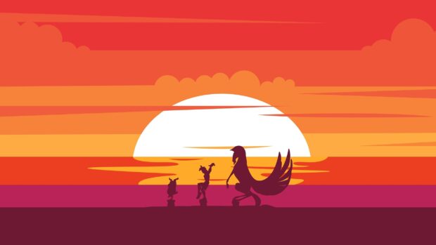 Silhouettes of Hercules characters standing against a sunset background