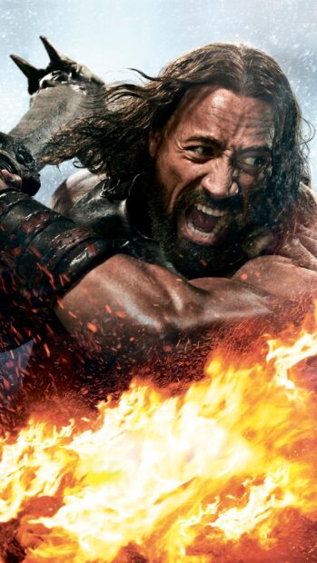 Fierce Hercules wielding a large weapon with fire blazing in the foreground