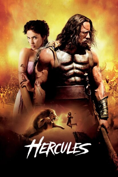 Hercules character standing with a muscular build and a woman in the background in an ancient battle scene