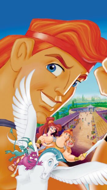 Hercules character with red hair and blue eyes smiling in front of a Greek stadium with companions riding a winged horse