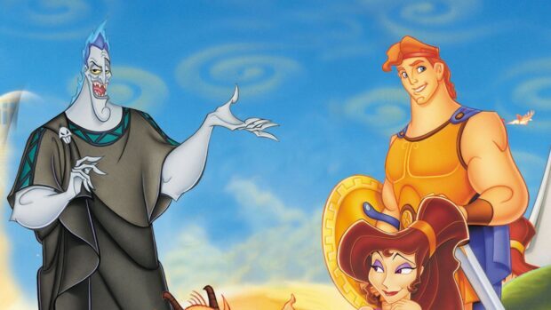 Hercules character and antagonist standing together in a colorful animated scene